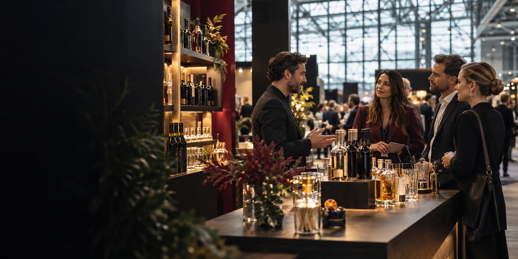 Illustrative view of a drinks trade exhibition floor in London