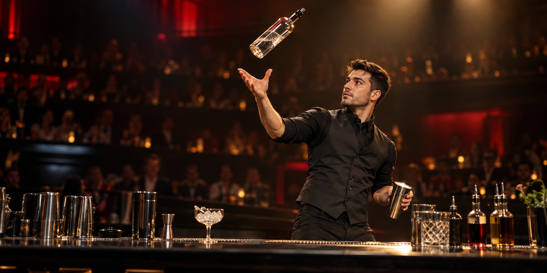 Flair bartender performing a controlled bottle routine behind a bar