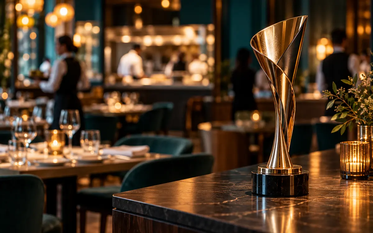 Generic award trophy beside a restaurant dining area