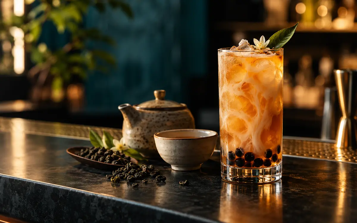 Oolong tea cocktail with tapioca pearls beside a teapot