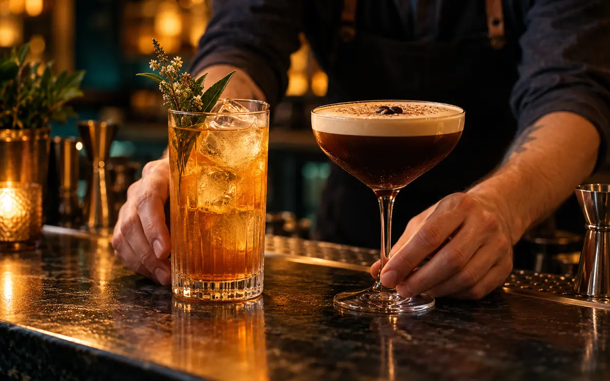 Tea cocktail and espresso martini on a bar during a competition-themed scene