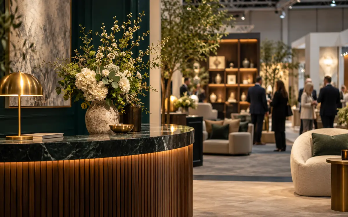 Boutique hotel reception display at a hospitality trade showcase