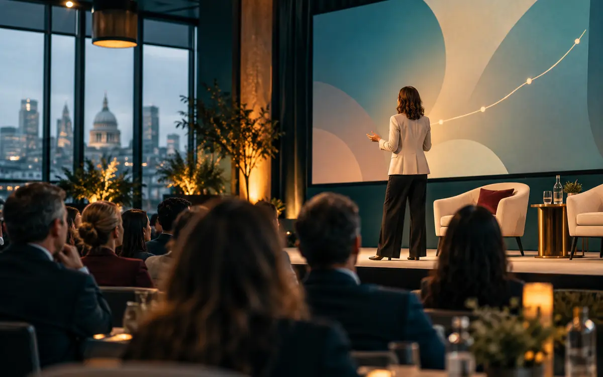 Speaker presenting to hospitality professionals at a conference