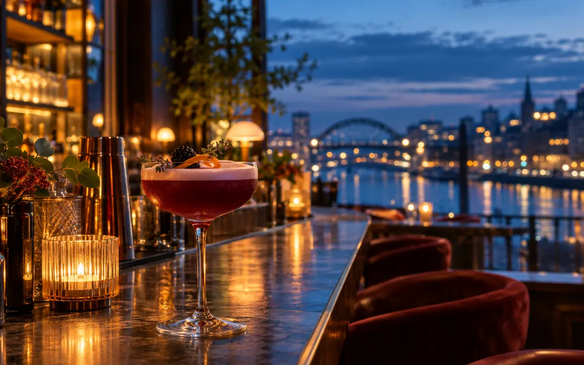 A cocktail in an independent Newcastle bar at blue hour