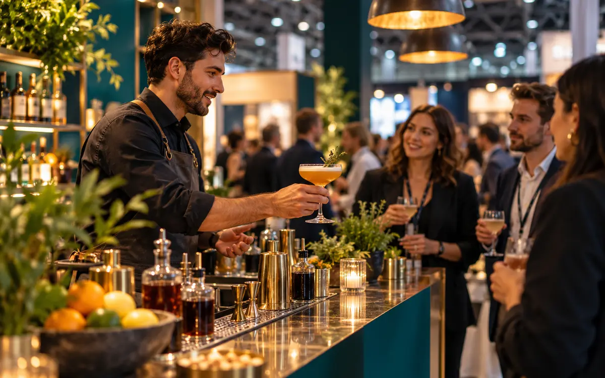A bartender presents a cocktail at a hospitality trade showcase